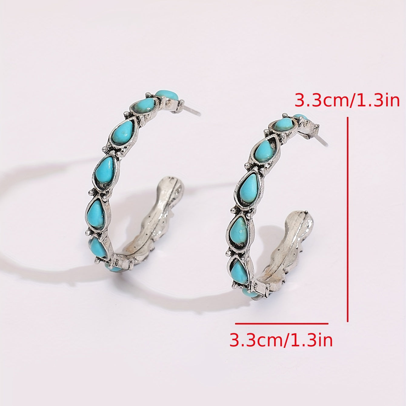 C Shape With Turquoise Decor Retro Elegant Hoop Earrings Western Style Zinc Alloy Silver Plated Jewelry Trendy Female Gift