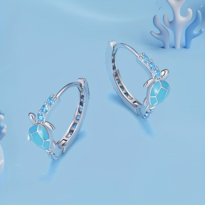 Sterling 925 Silver Jewelry Cute Turtle Design Blue Hoop Earrings With Shiny Zircon Decor Creative Female Gift