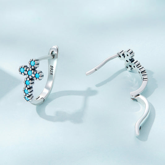 Sterling 925 Silver Hypoallergenic Ear Jewelry Cross Pattern Turquoise Inlaid Hoop Earrings Simple Sexy Style Female Gift