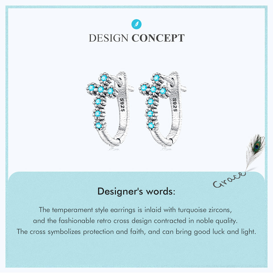 Sterling 925 Silver Hypoallergenic Ear Jewelry Cross Pattern Turquoise Inlaid Hoop Earrings Simple Sexy Style Female Gift