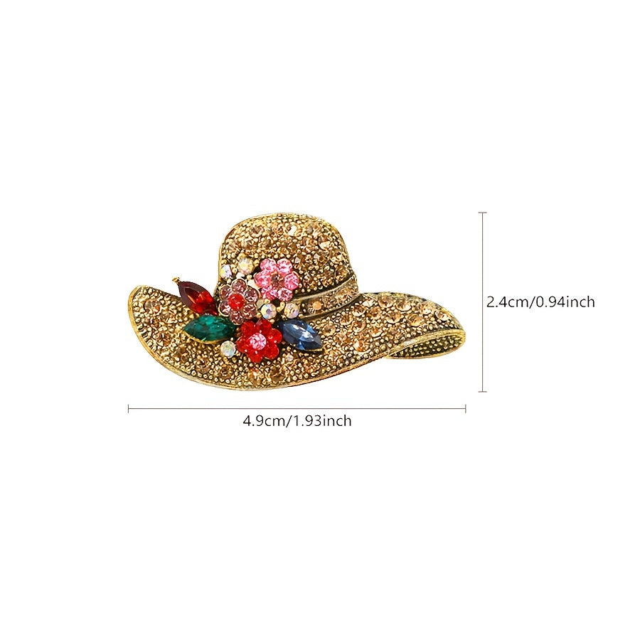 Vintage Style Hat Alloy Brooch Pin Inlaid Shiny Rhinestone Elegant Temperament Sweater Coat Dress Accessories