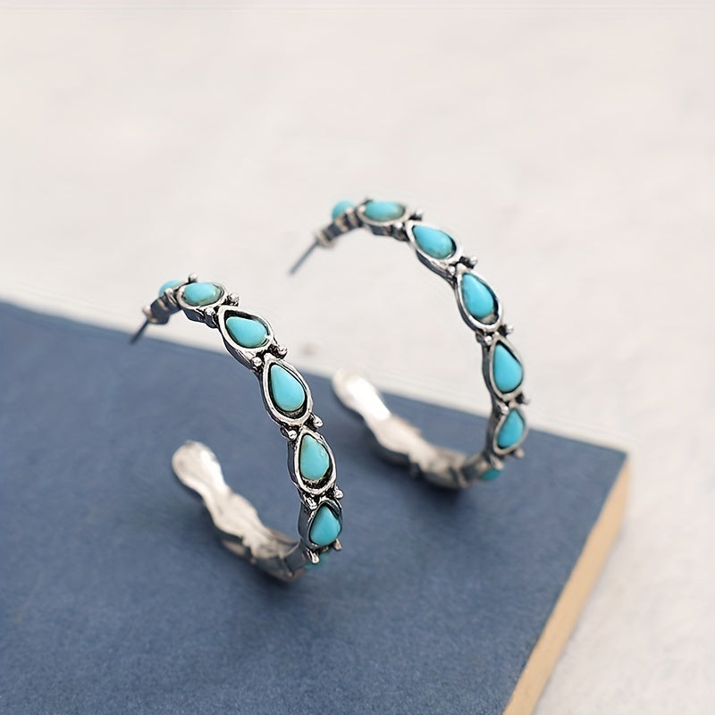 C Shape With Turquoise Decor Retro Elegant Hoop Earrings Western Style Zinc Alloy Silver Plated Jewelry Trendy Female Gift