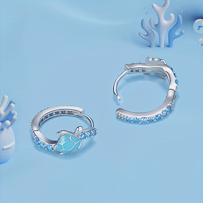 Sterling 925 Silver Jewelry Cute Turtle Design Blue Hoop Earrings With Shiny Zircon Decor Creative Female Gift